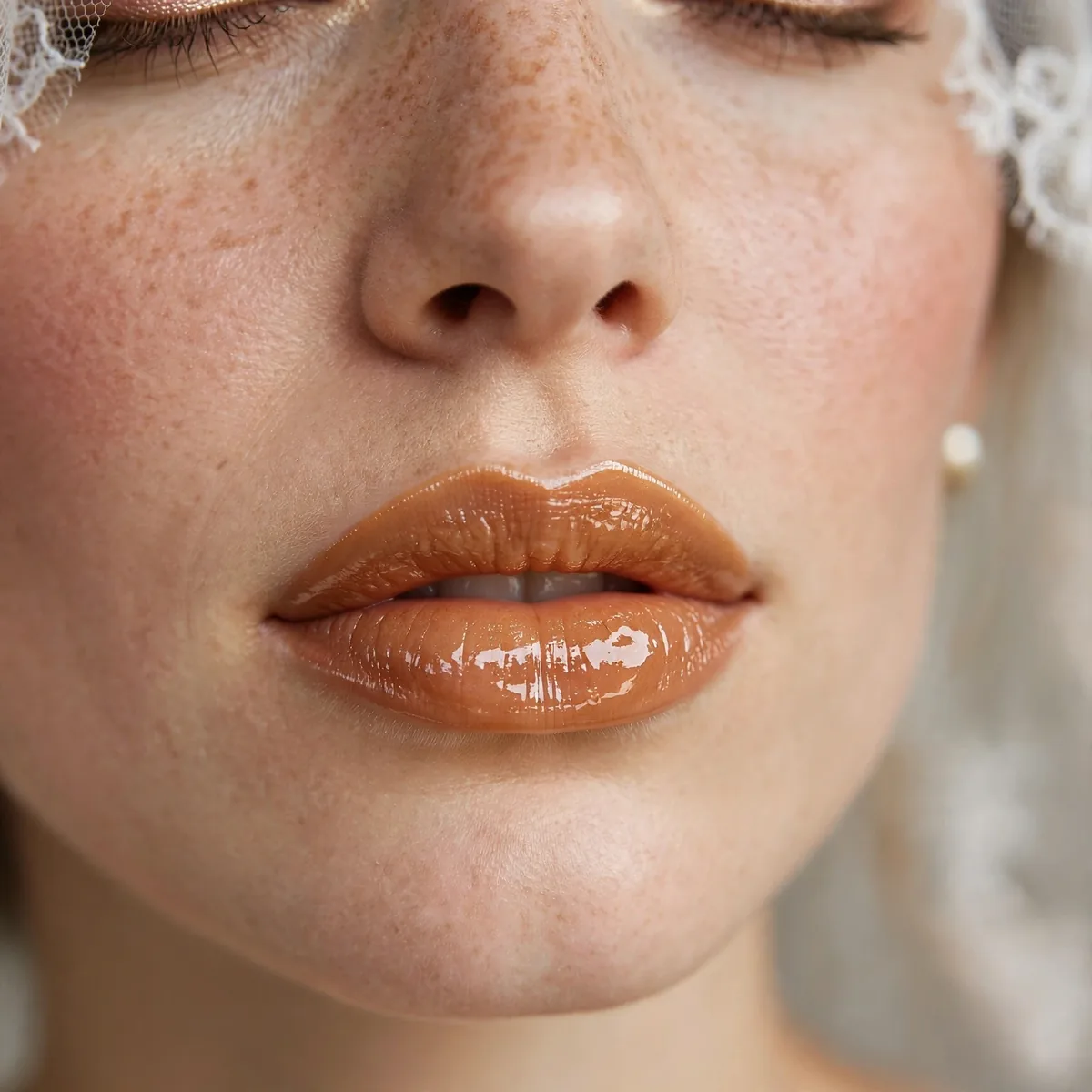 Close-up of a bride's glossy honey-toned lips