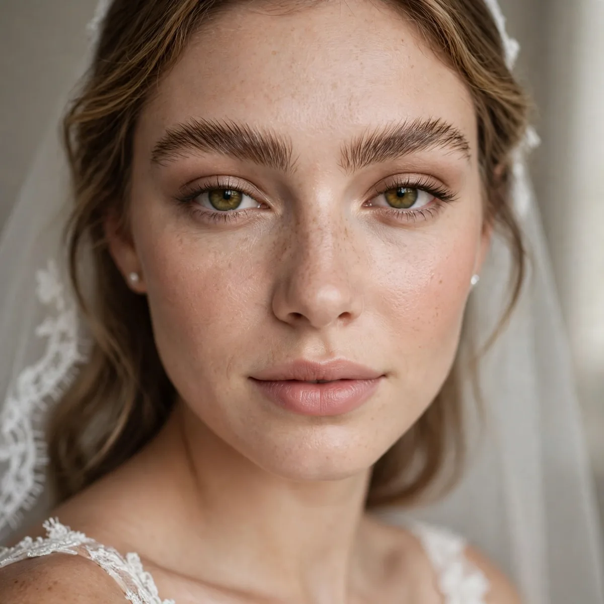 Bride with full feathered natural eyebrows brushed upward