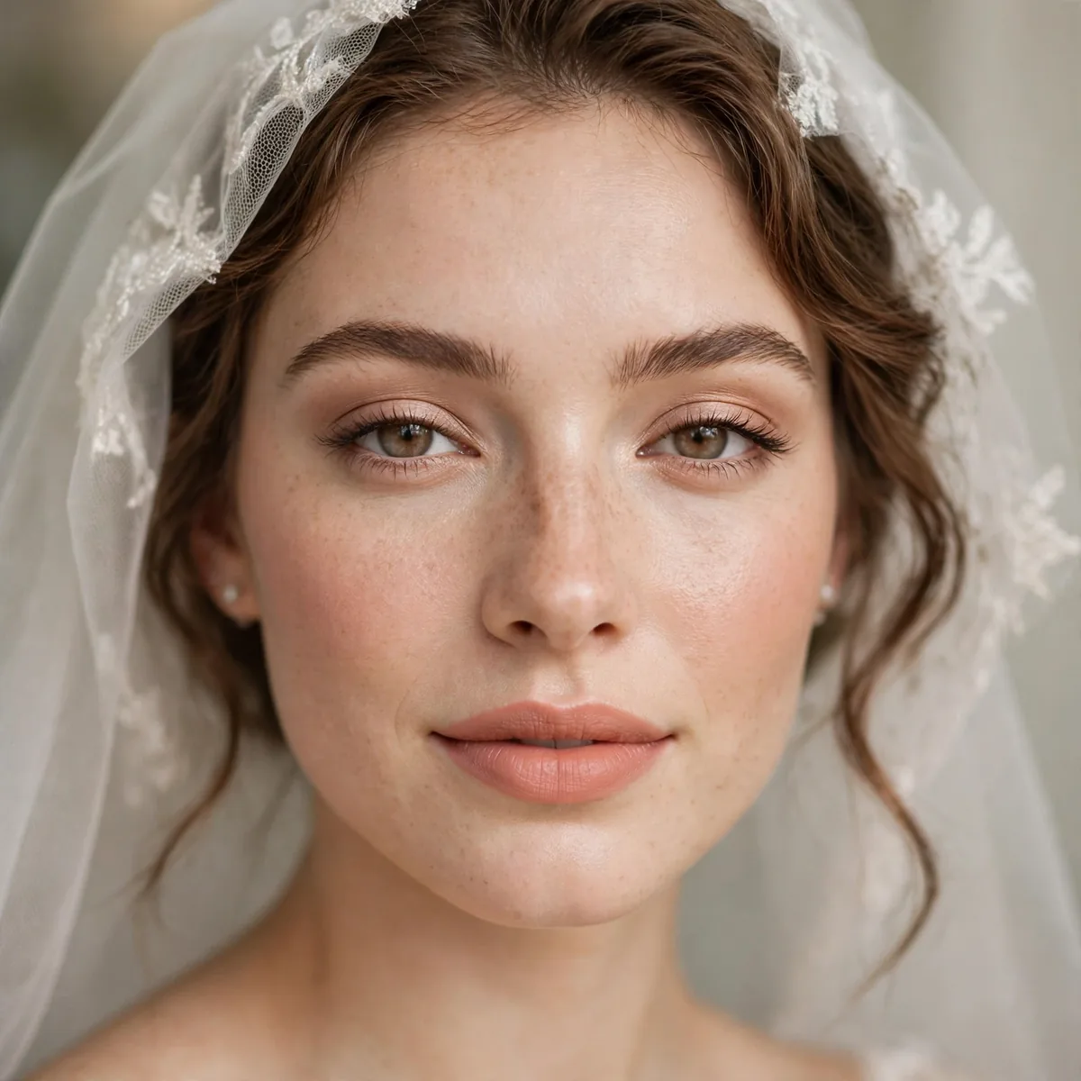 Bride wearing a soft peachy nude lipstick
