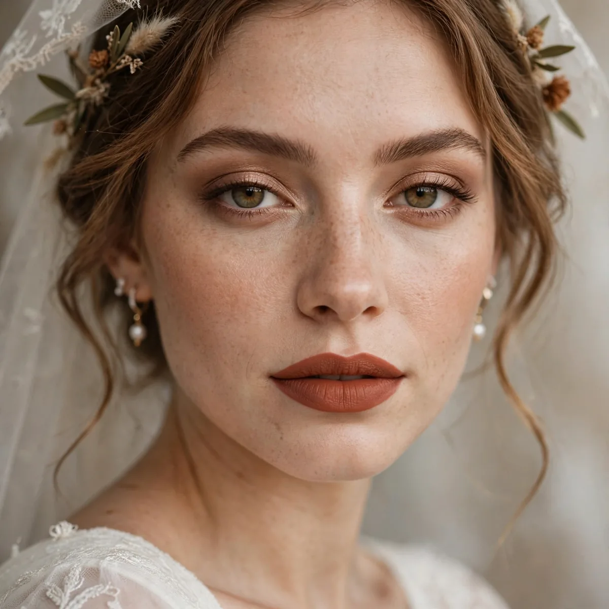 Bride with a matte terracotta lipstick in warm earthy tone