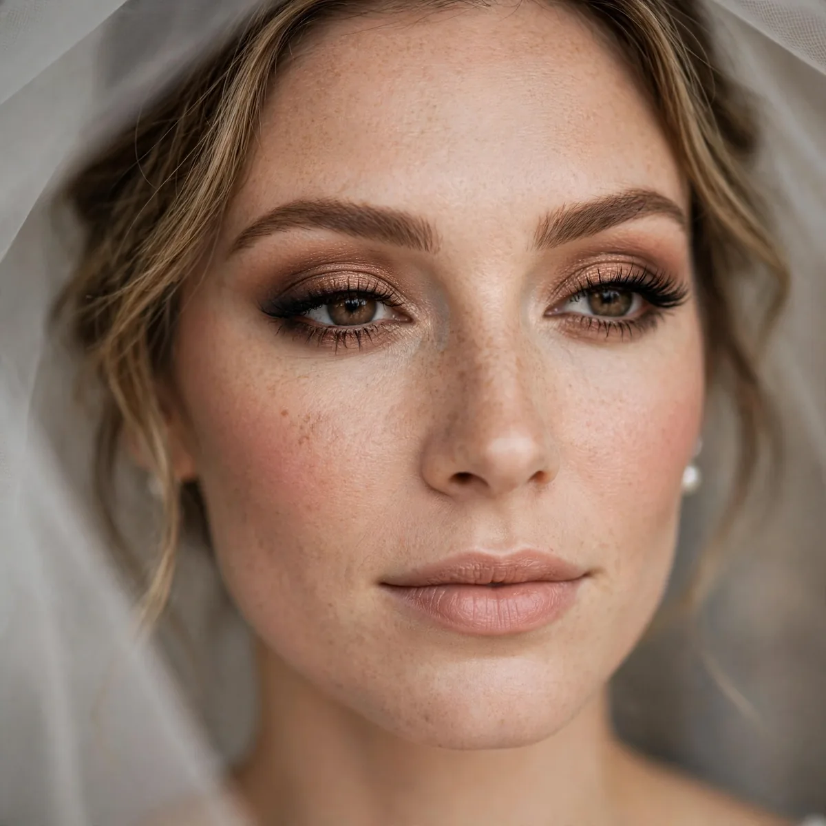 Bride with softly smoked bronze eyeshadow and defined lashes
