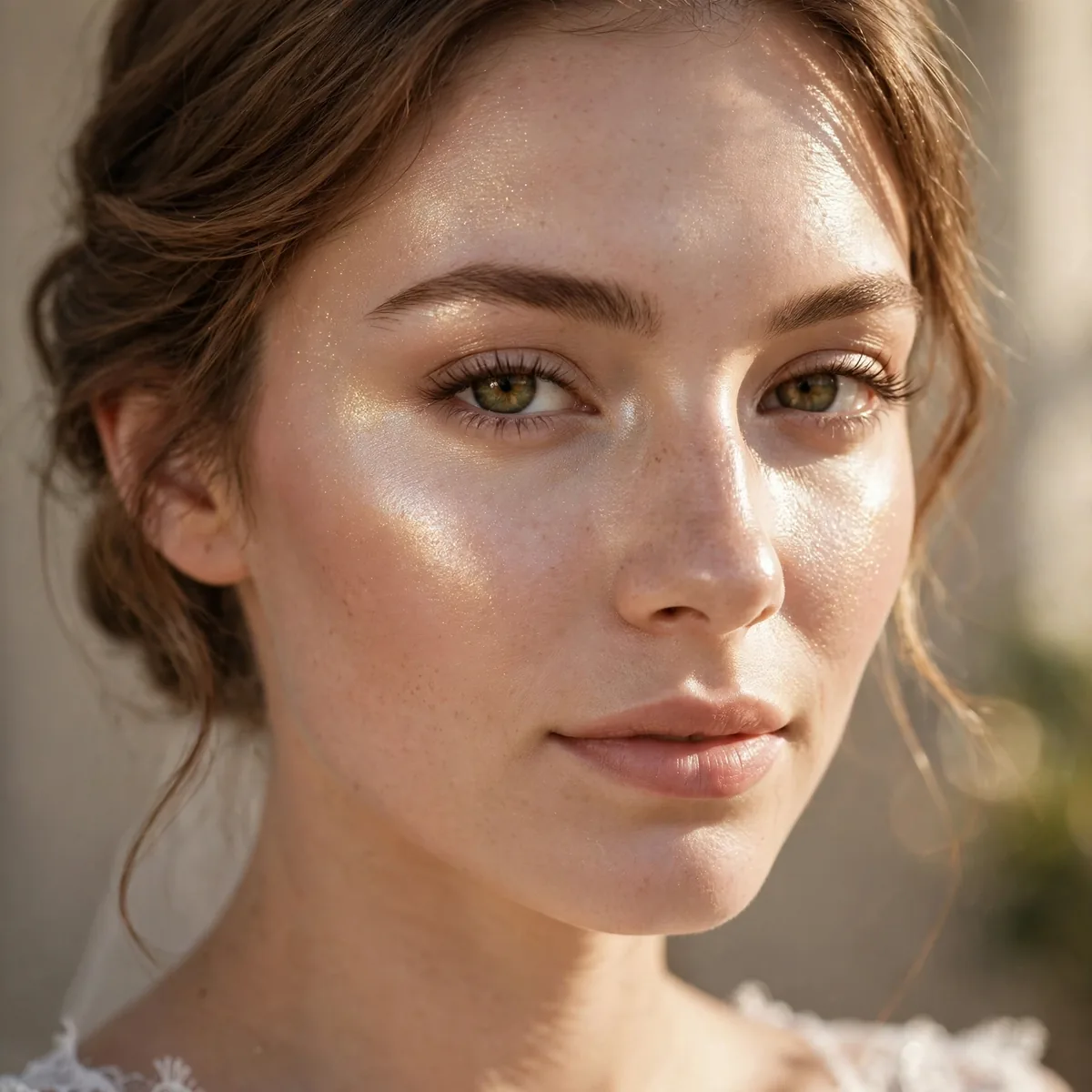 Bride with a sheer veil of highlighter across cheekbones and temples