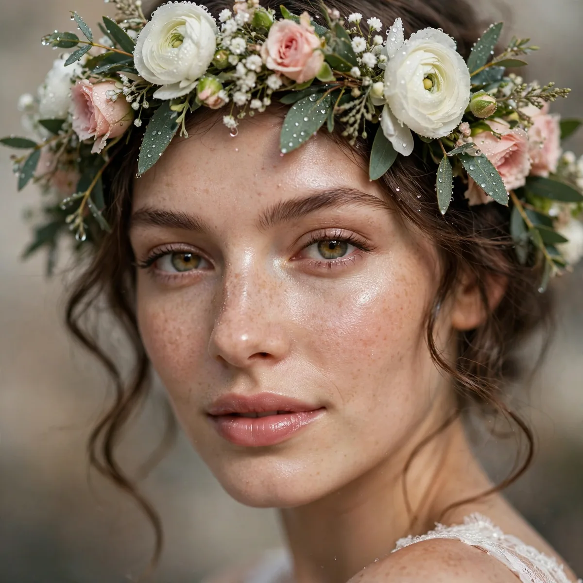 Bride wearing a flower crown with fresh dewy makeup