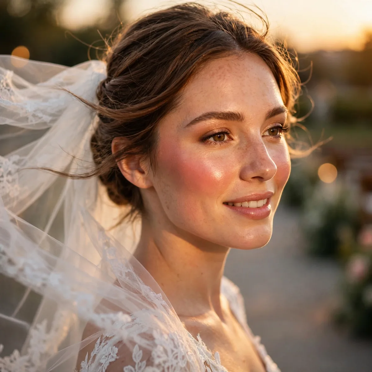 Bride walking with warm sunset-toned blush glowing on cheeks