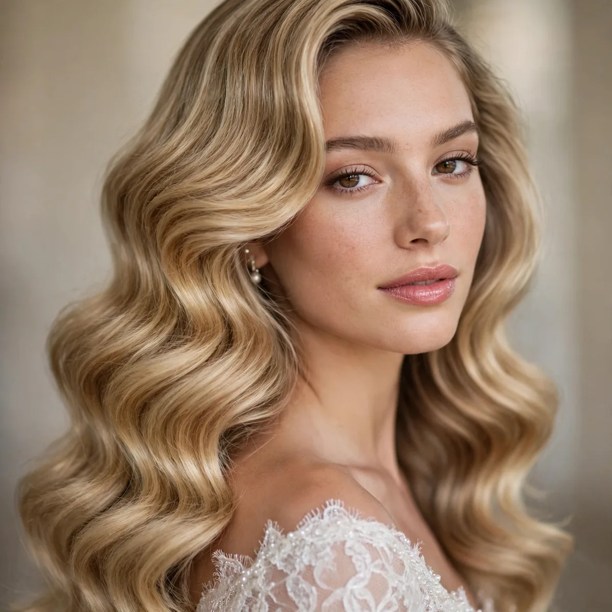 Long Hollywood waves bridal hair
