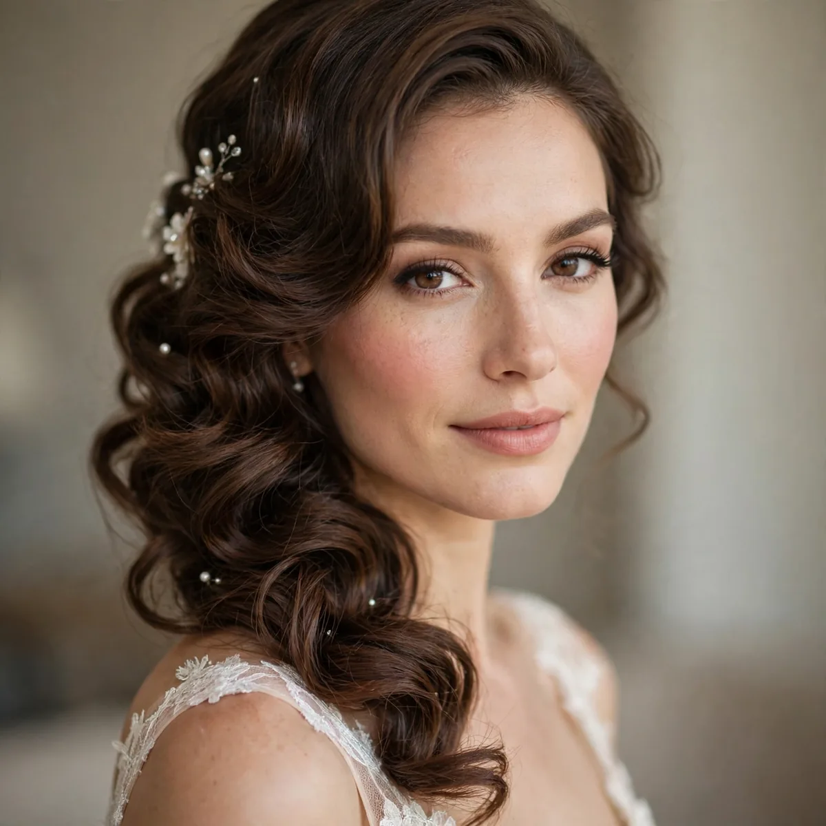 Side swept curls bridal hairstyle