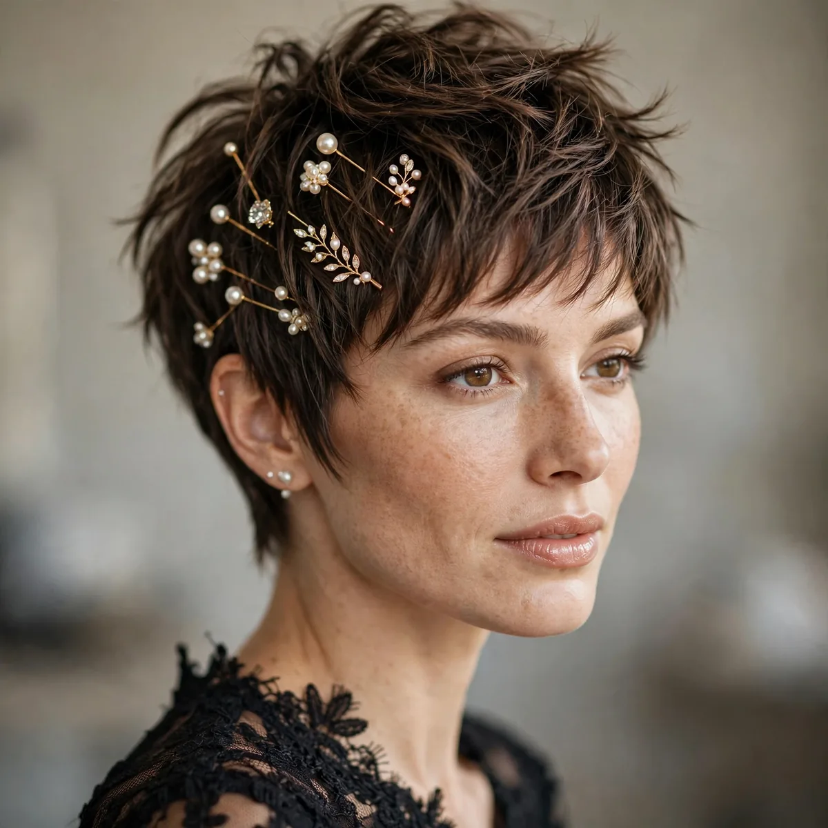 Textured pixie with decorative pins