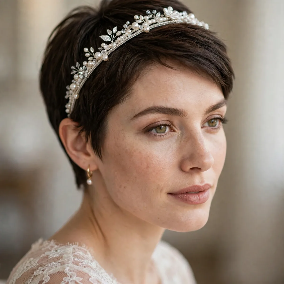 Bridal headband on short hair
