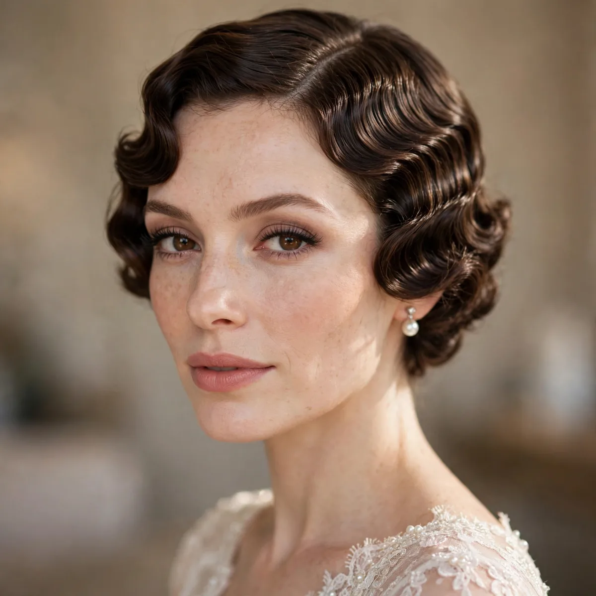 Finger waves on short bridal hair