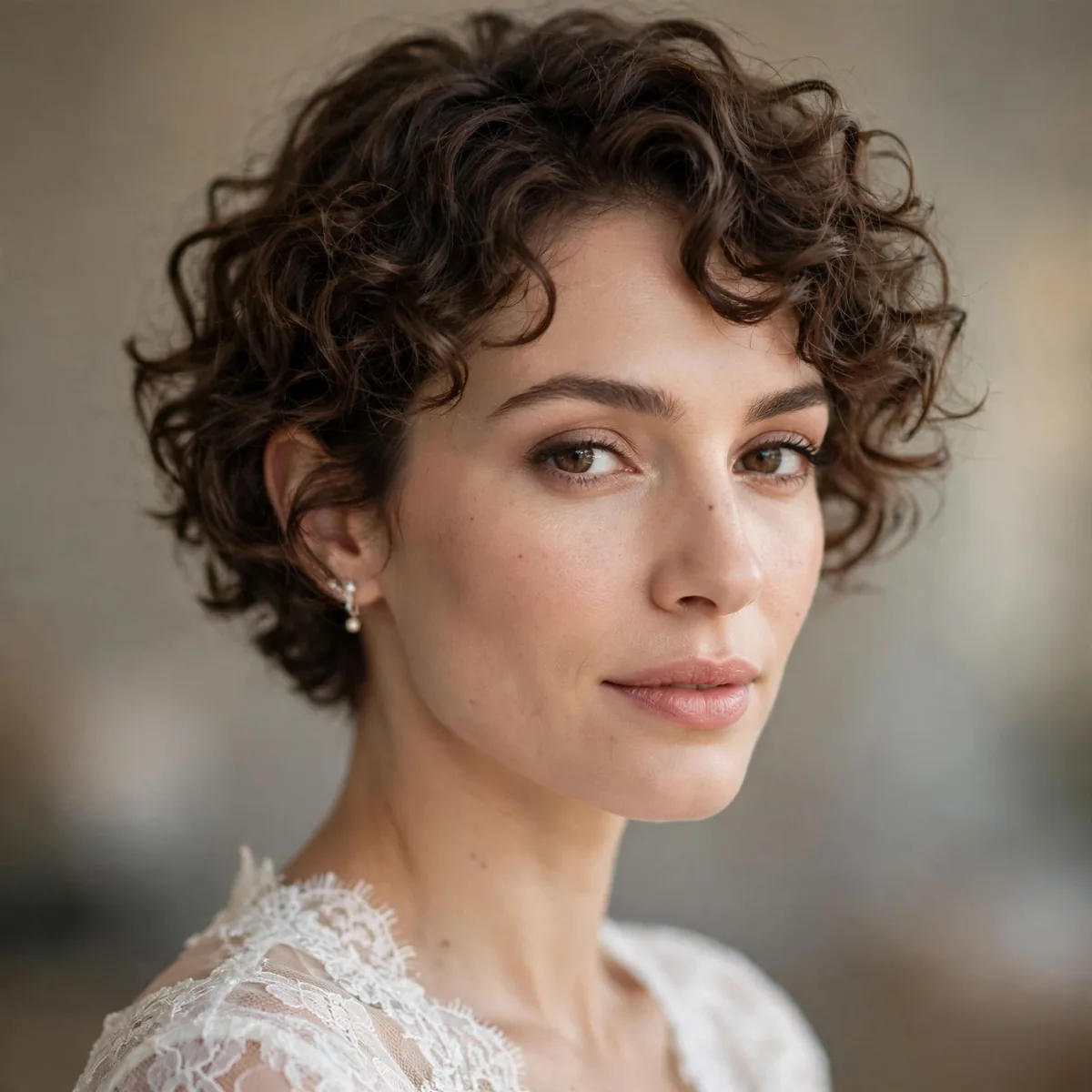 Soft curly short bridal hairstyle