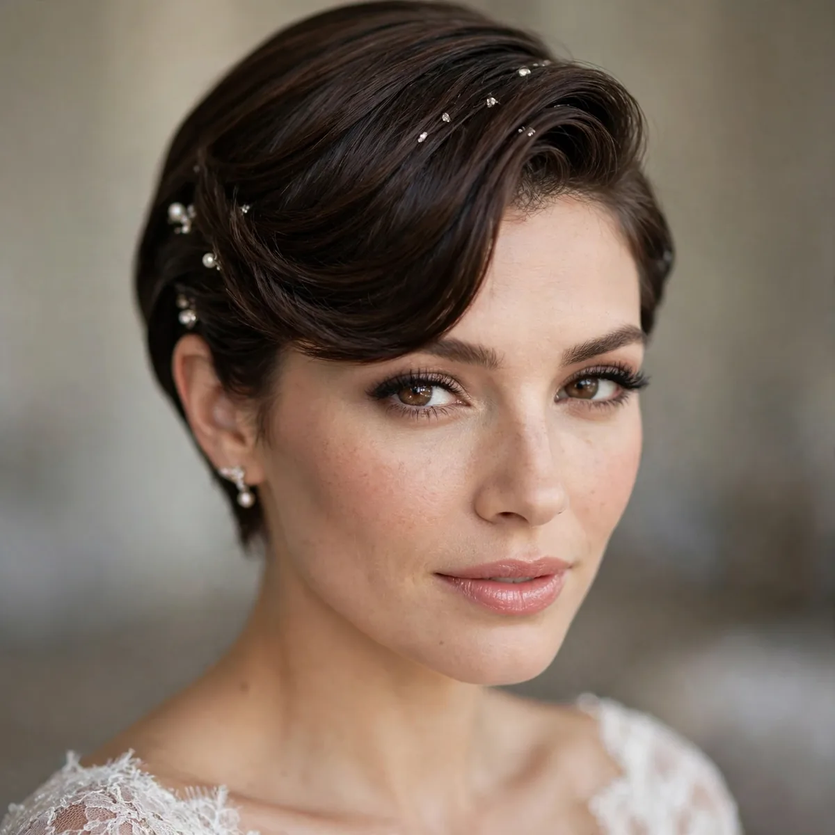 Deep side swept short bridal hair