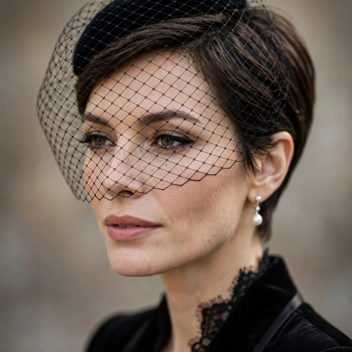 Birdcage veil with short hair