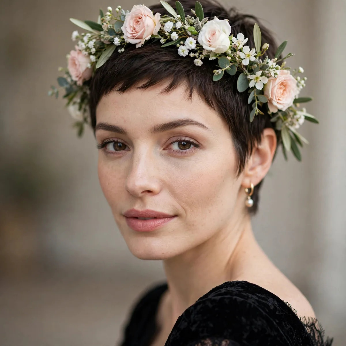 Floral crown on short pixie hair
