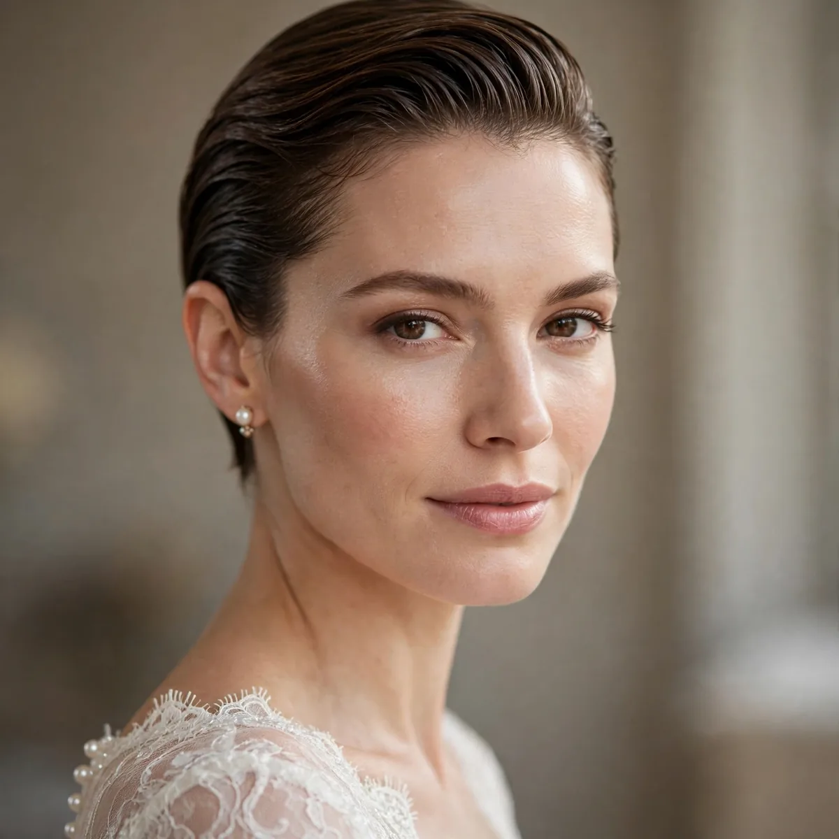 Slicked back short bridal hair