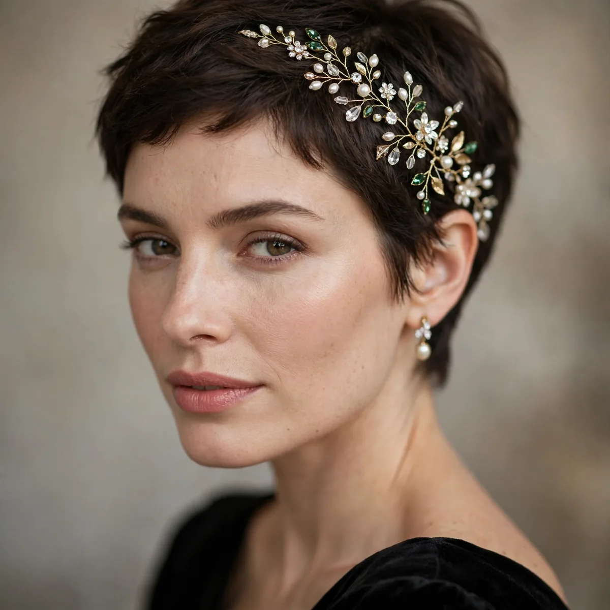 Jeweled hair vine on short hair
