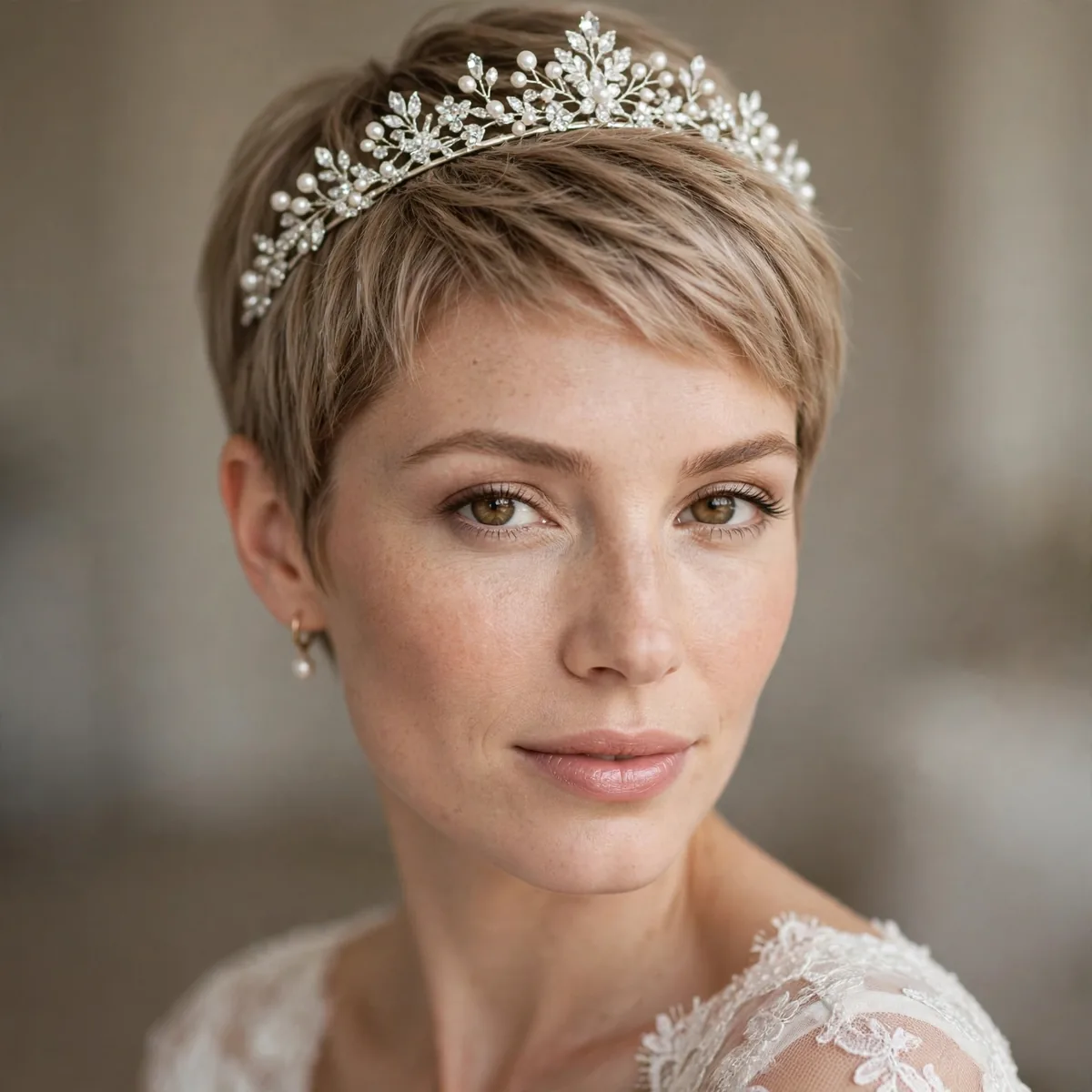 Tiara on pixie haircut bridal