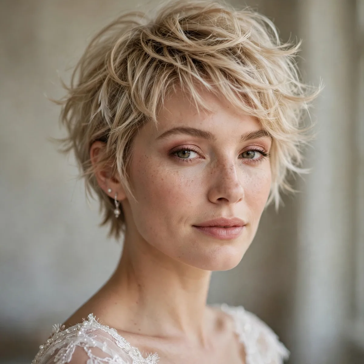 Feathered short bridal hairstyle