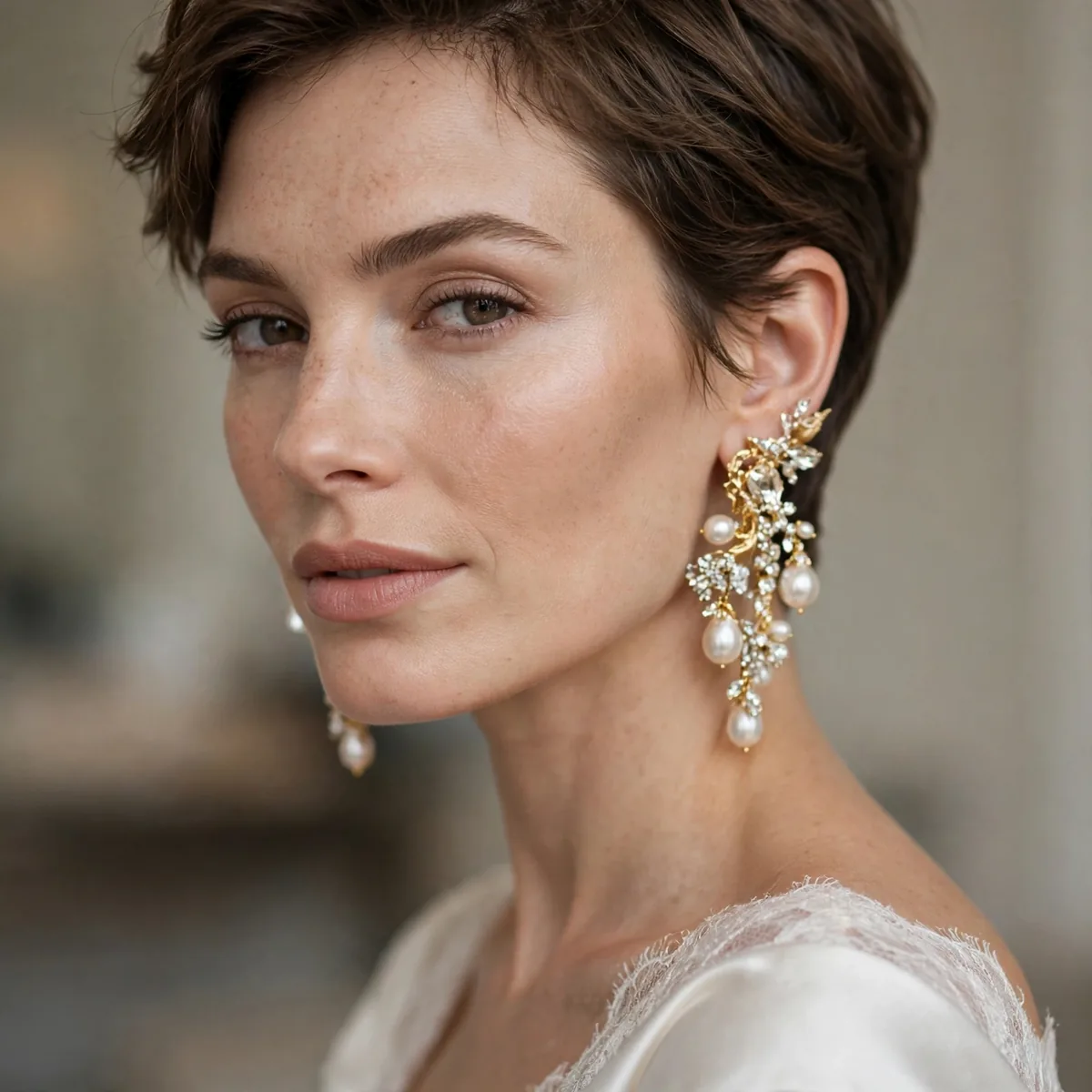 Statement earrings with short bridal hair