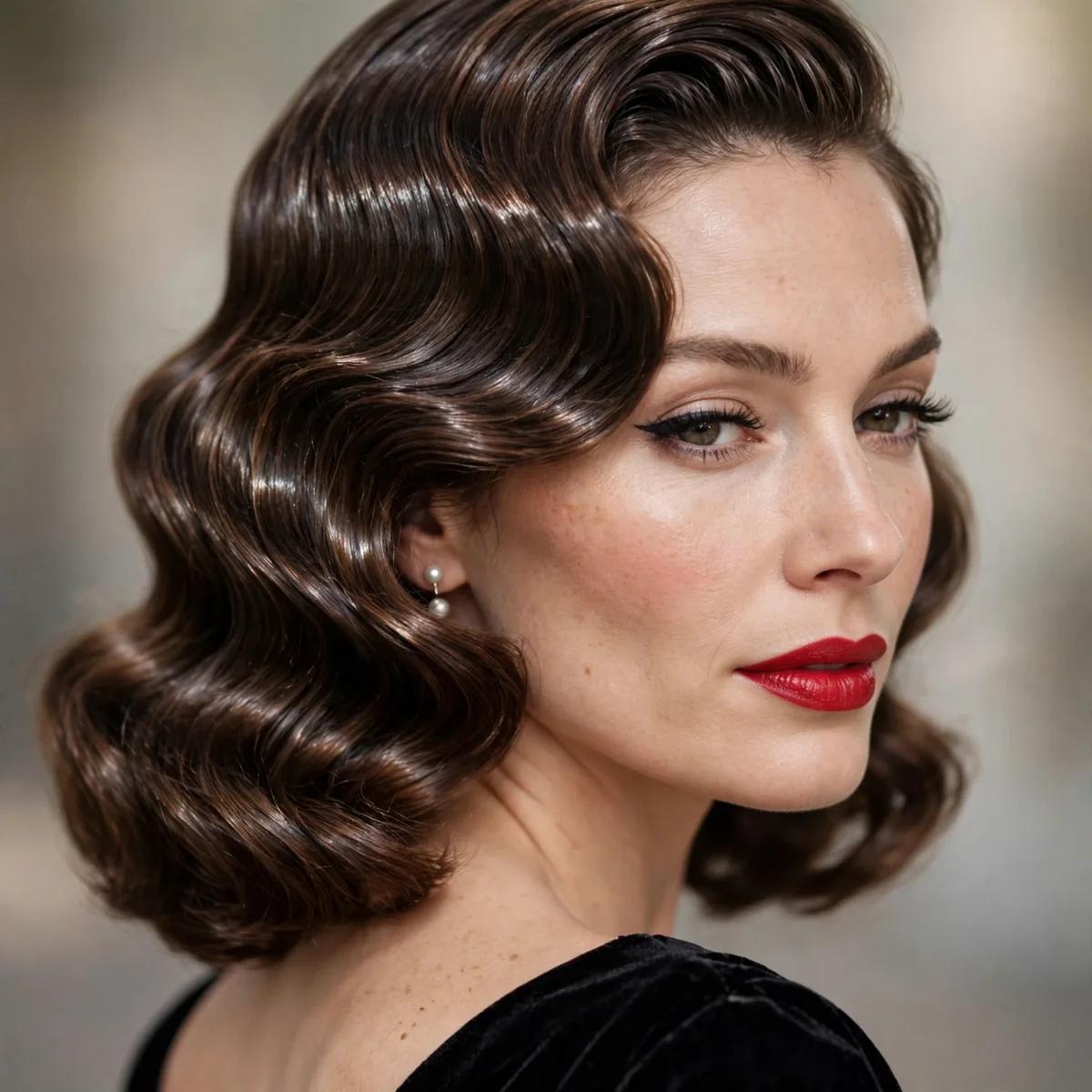 Close-up of sculpted S-shaped Hollywood waves with high shine