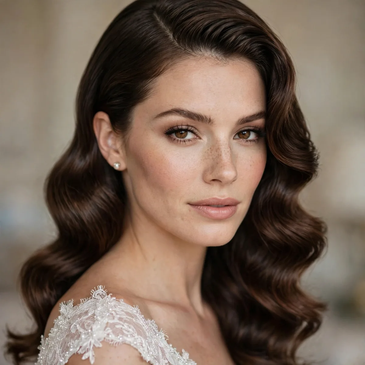 Bride with a dramatic deep side part and polished glamour waves