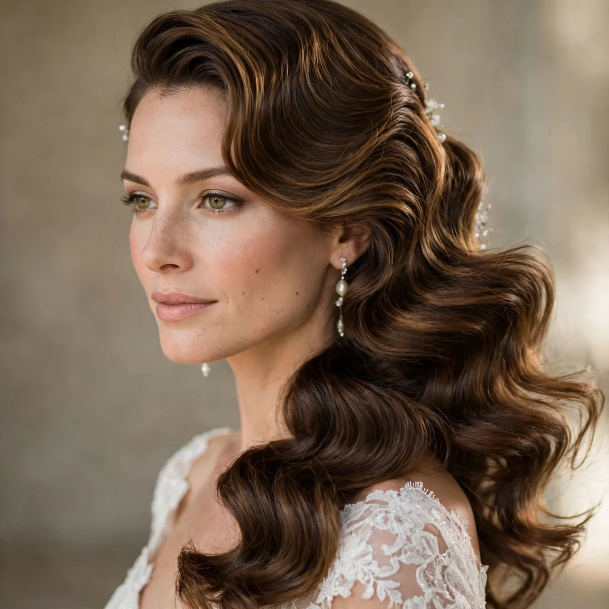 Bride with all hair swept dramatically to one side in glamour waves
