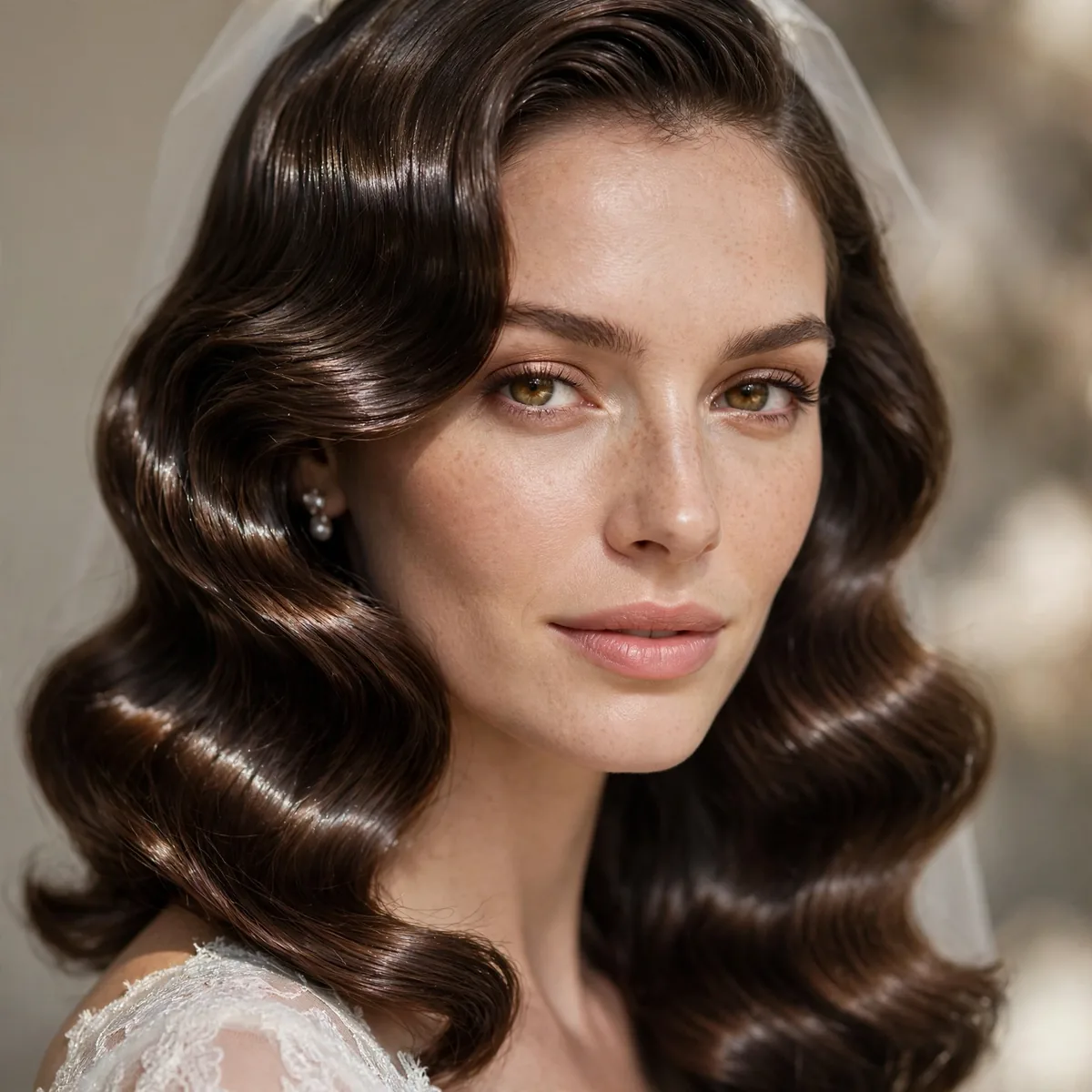 Bride with ultra-sleek glossy Hollywood waves reflecting light