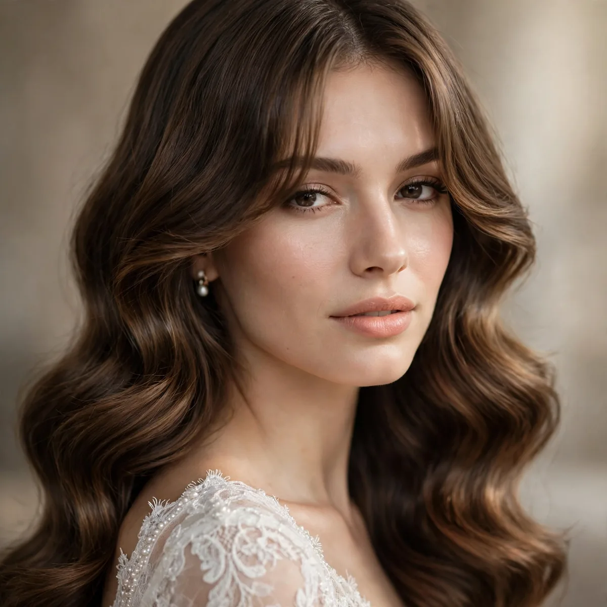 Bride with curtain bangs blended into long Hollywood waves