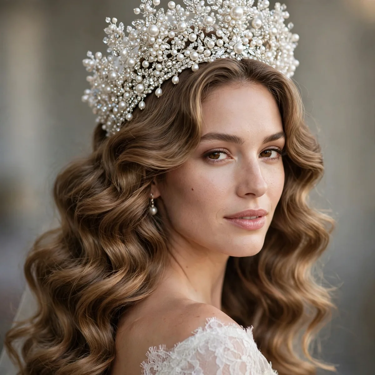 Bride with voluminous crown and cascading Hollywood waves