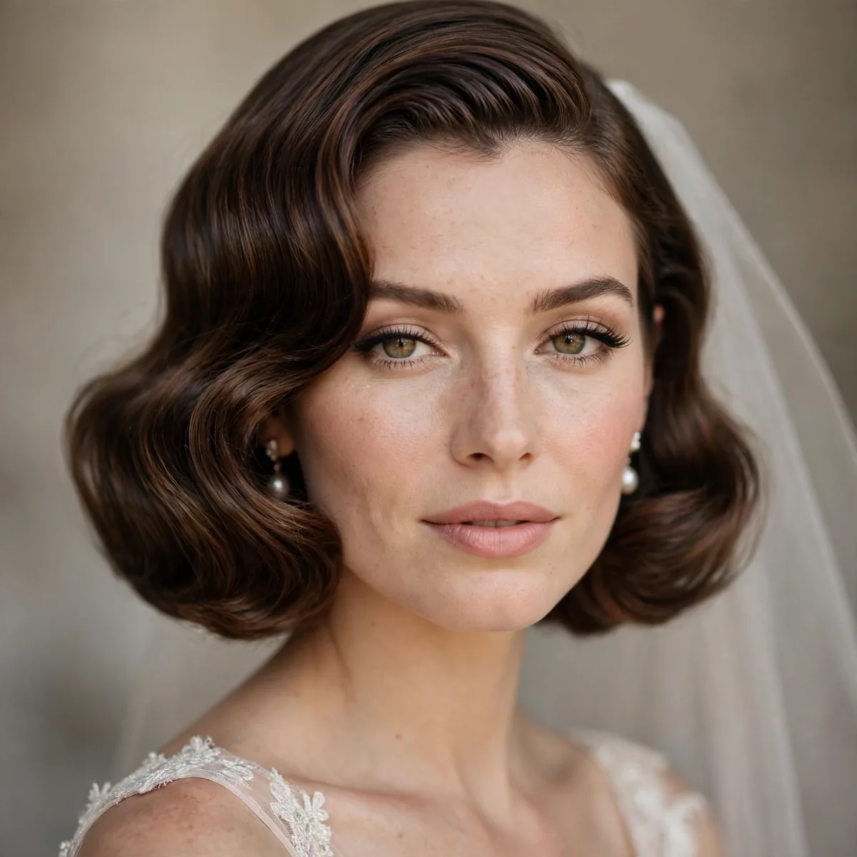 Bride with a chin-length bob styled in vintage Hollywood waves