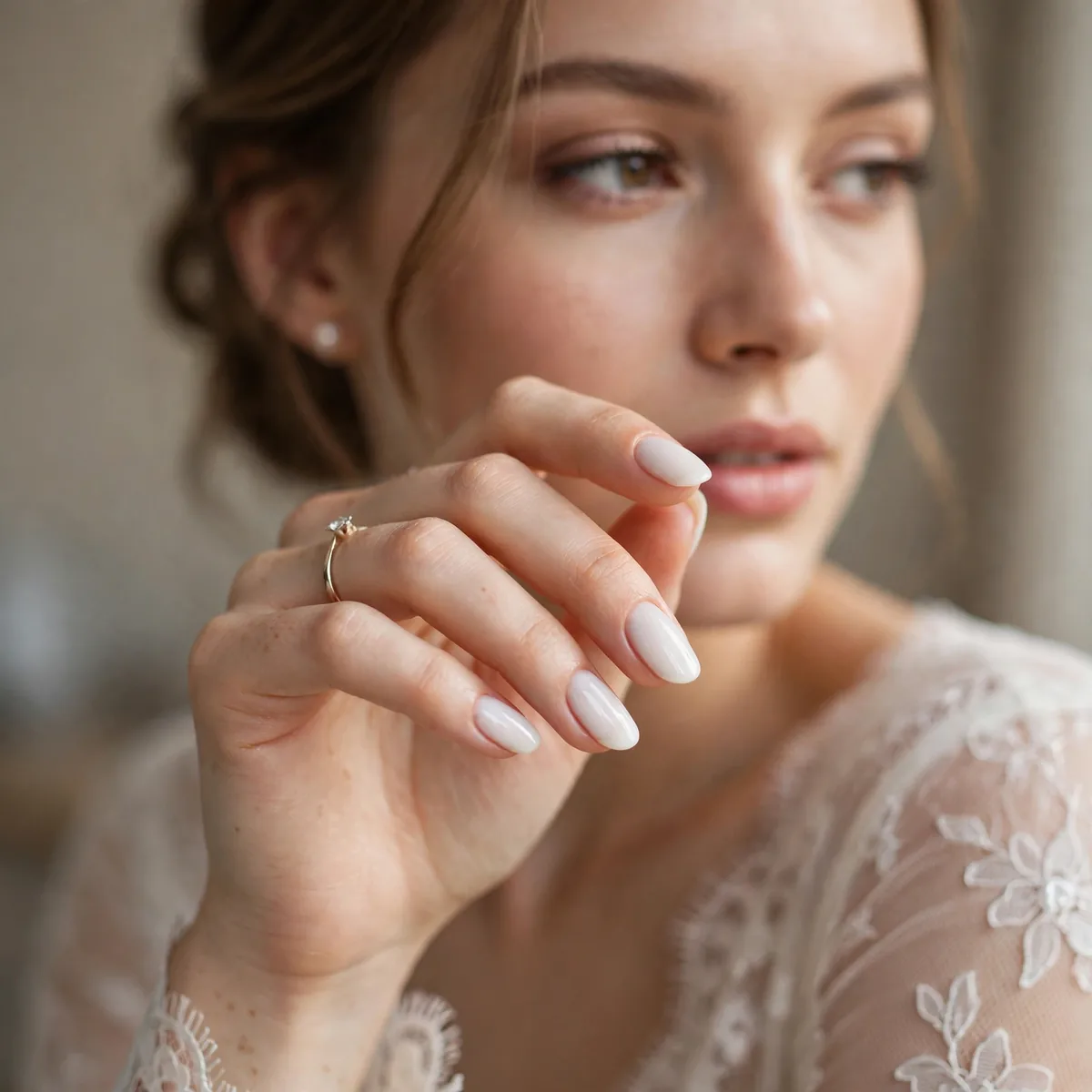Milky white bridal manicure