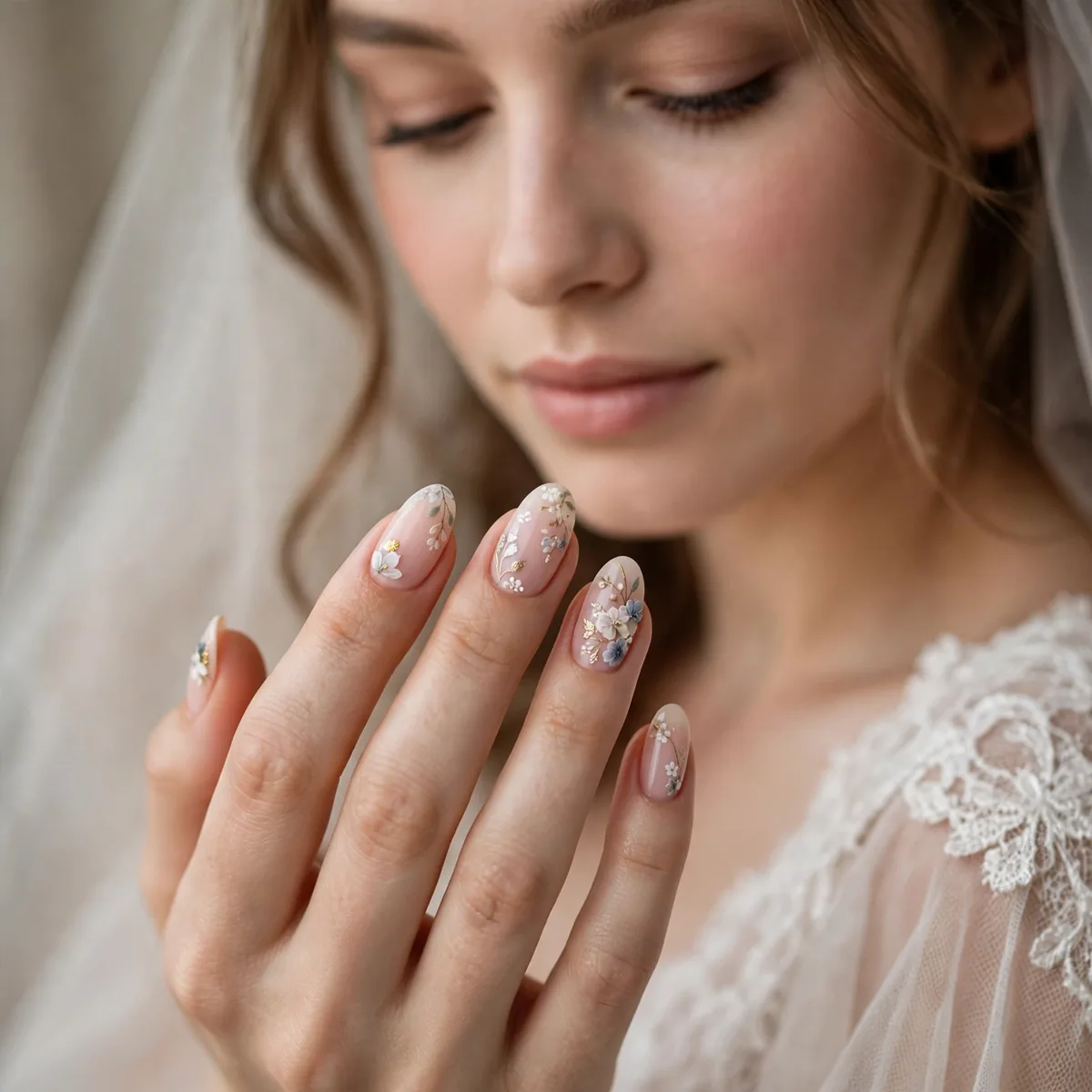 Bridal nails with delicate floral art