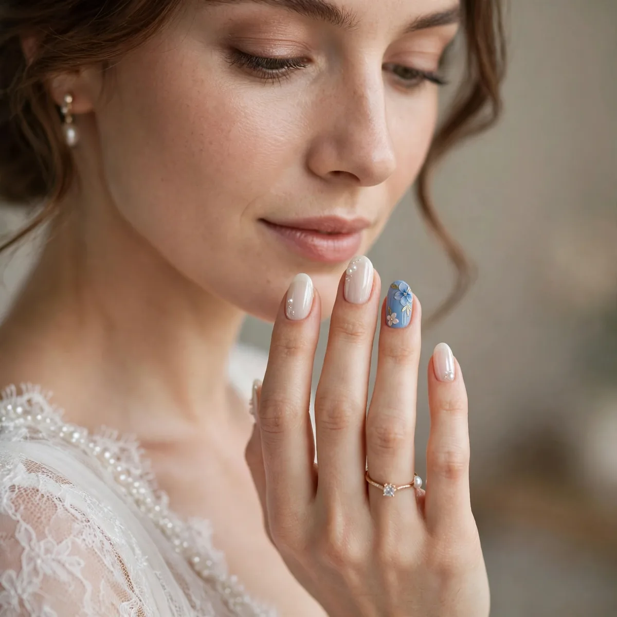 Bridal nails with blue accent
