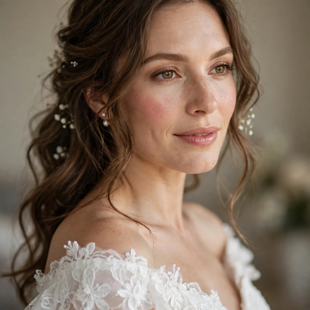 Off shoulder white dress bridal shower