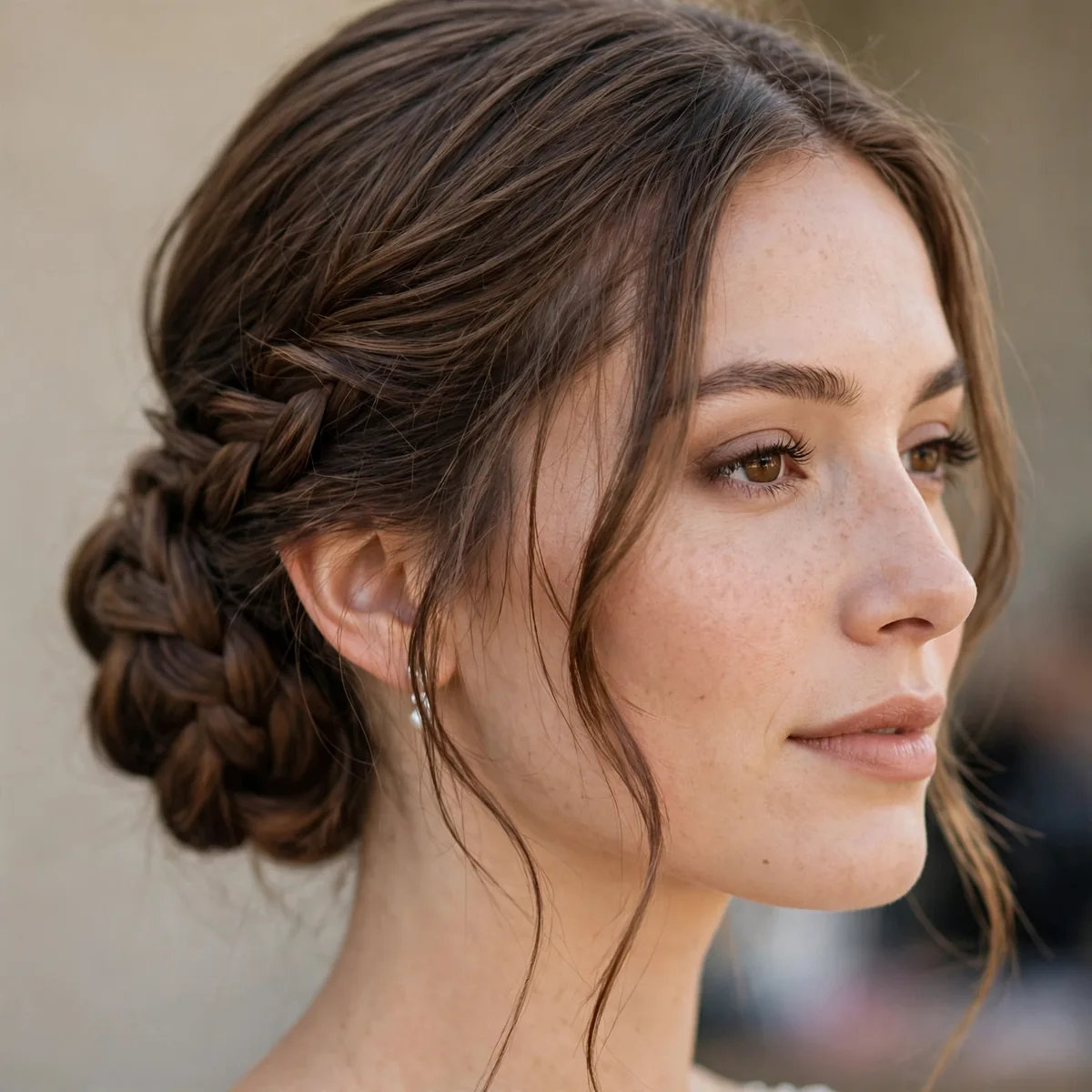 Low bun bridal updo with braided detail