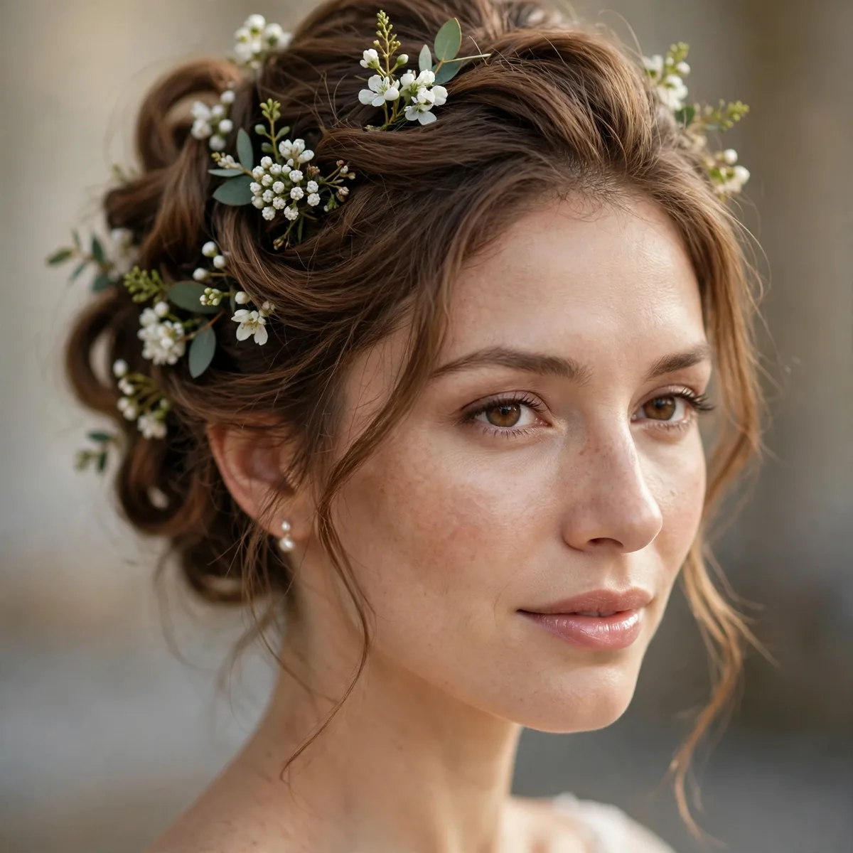 Bridal updo decorated with floral pins