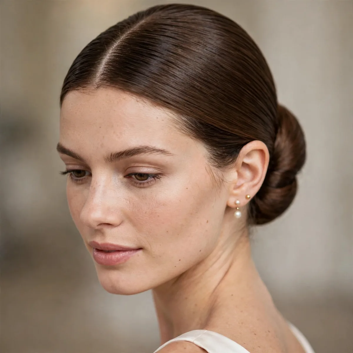 Sleek center-part chignon bridal updo