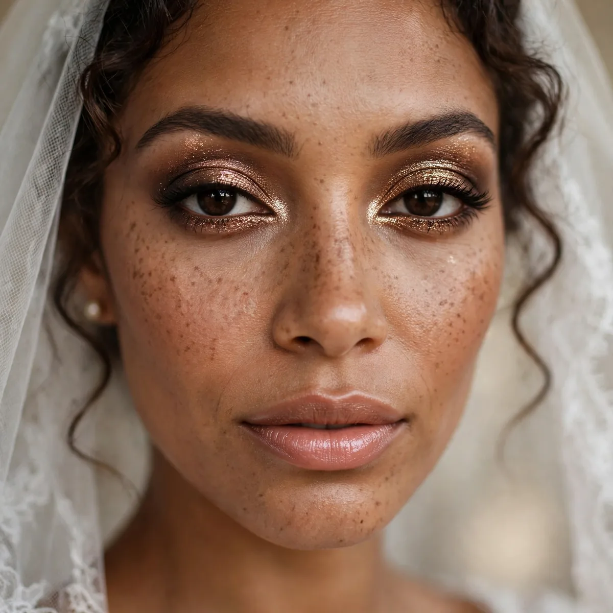 Bride with shimmering bronze eyeshadow on deep brown eyes