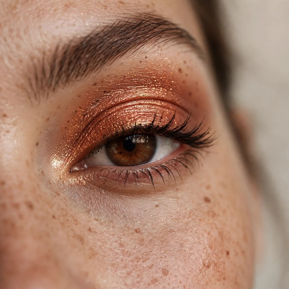 Close-up of copper shimmer eyeshadow on brown eyes
