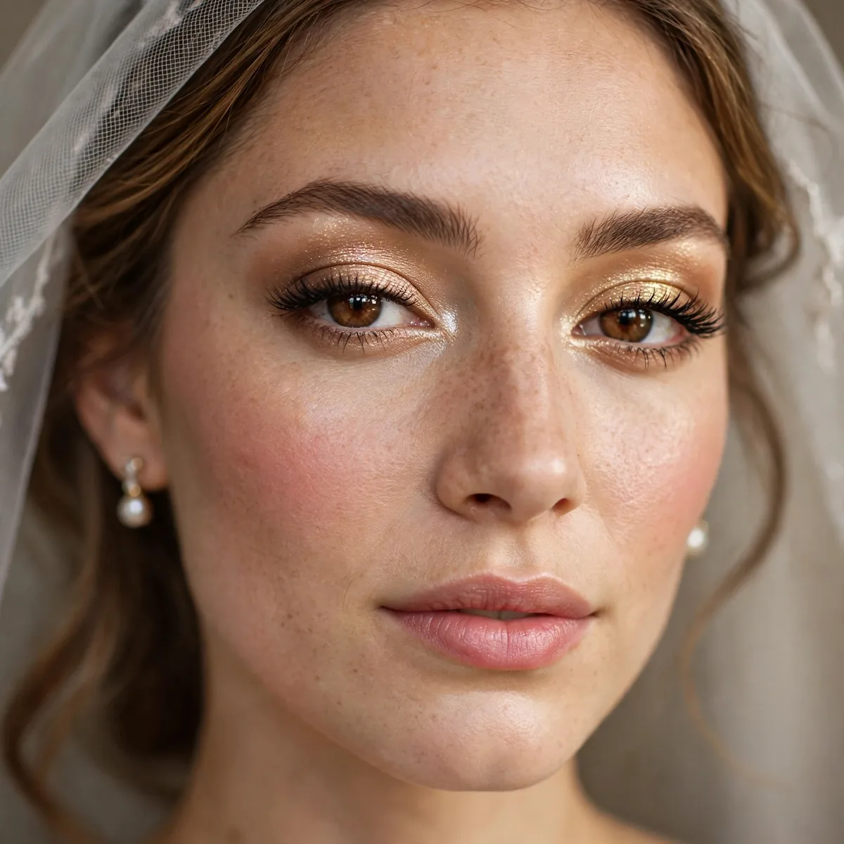 Bride with golden champagne shimmer brightening brown eyes