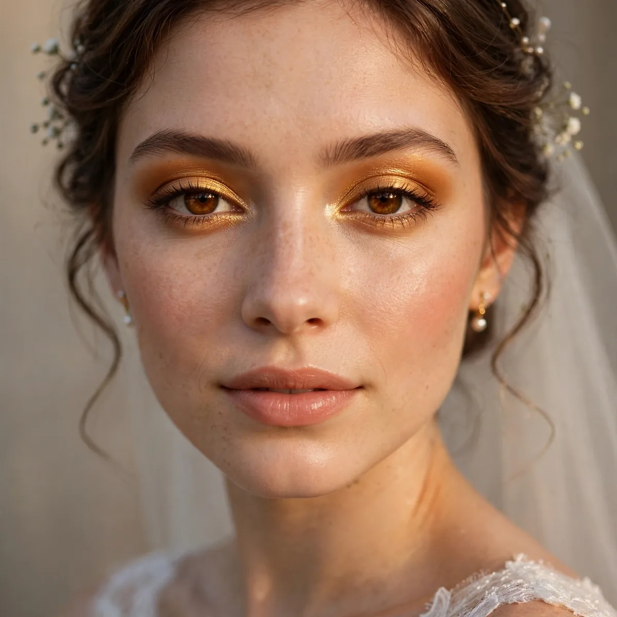 Bride with honey amber eyeshadow glowing on brown eyes