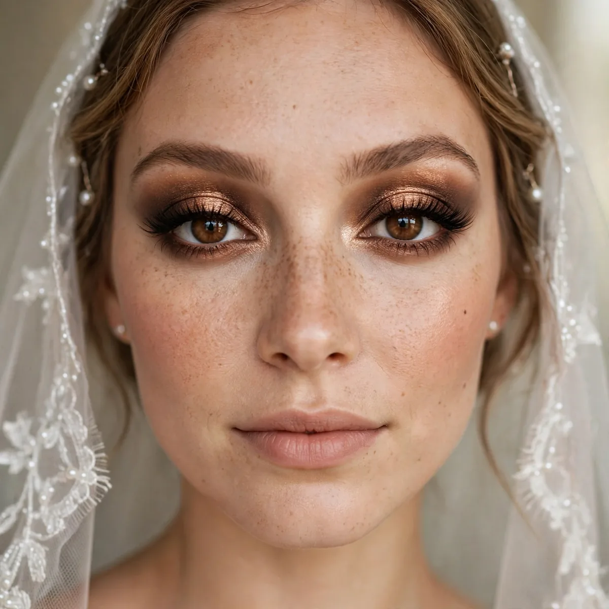 Bride with halo bronze eyeshadow making brown eyes appear larger