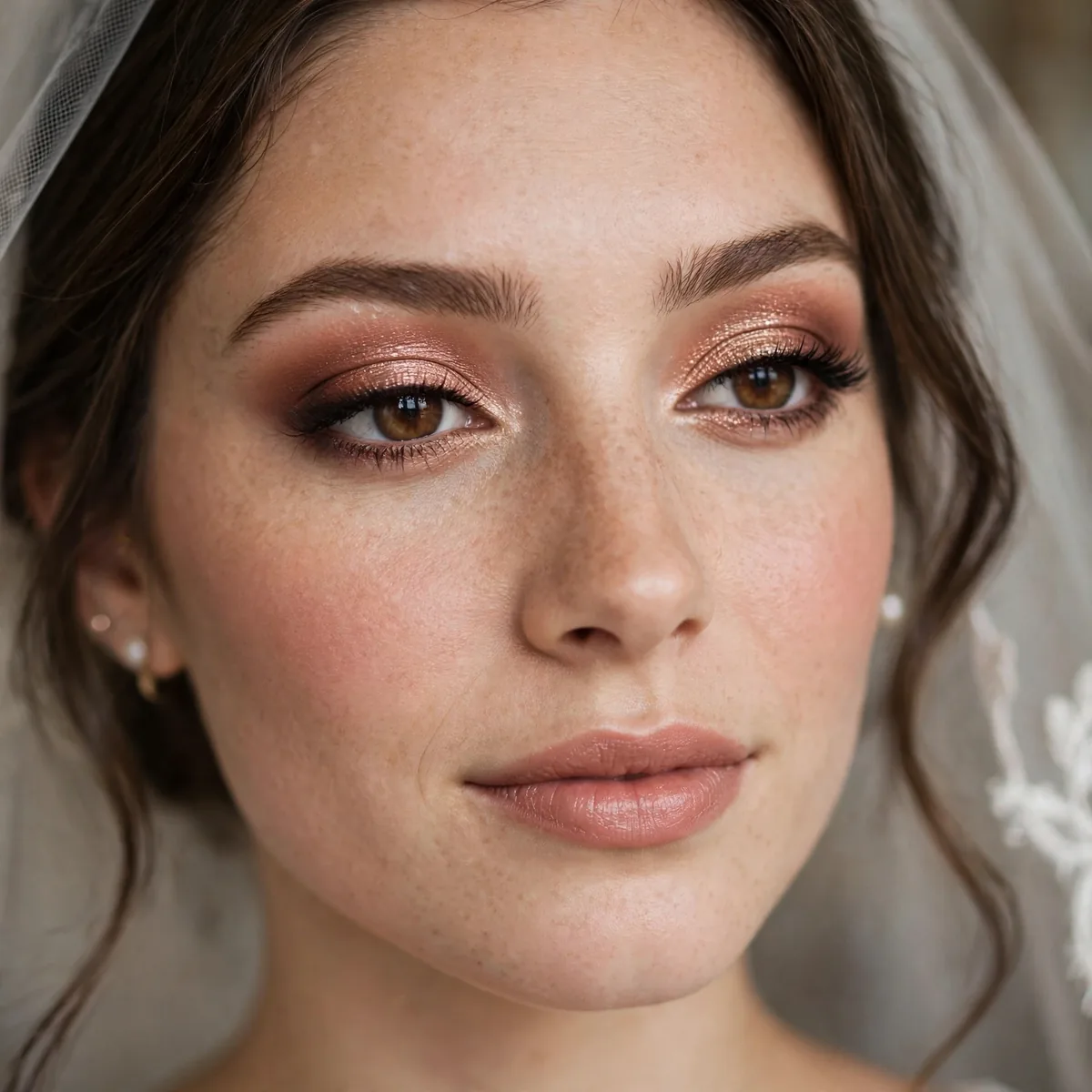 Bride with rose-bronze radiant eyeshadow on brown eyes