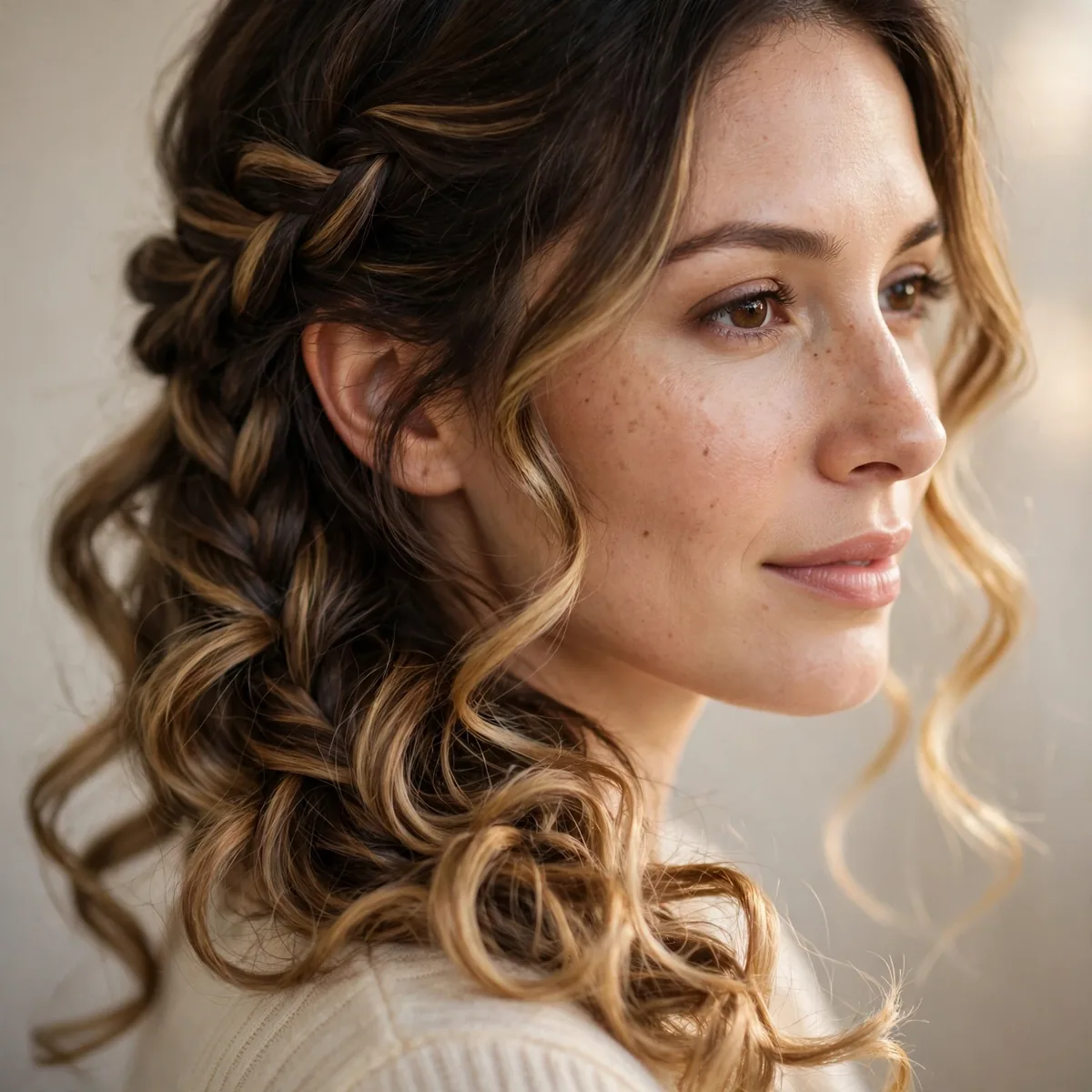 Side braid flowing into soft curls