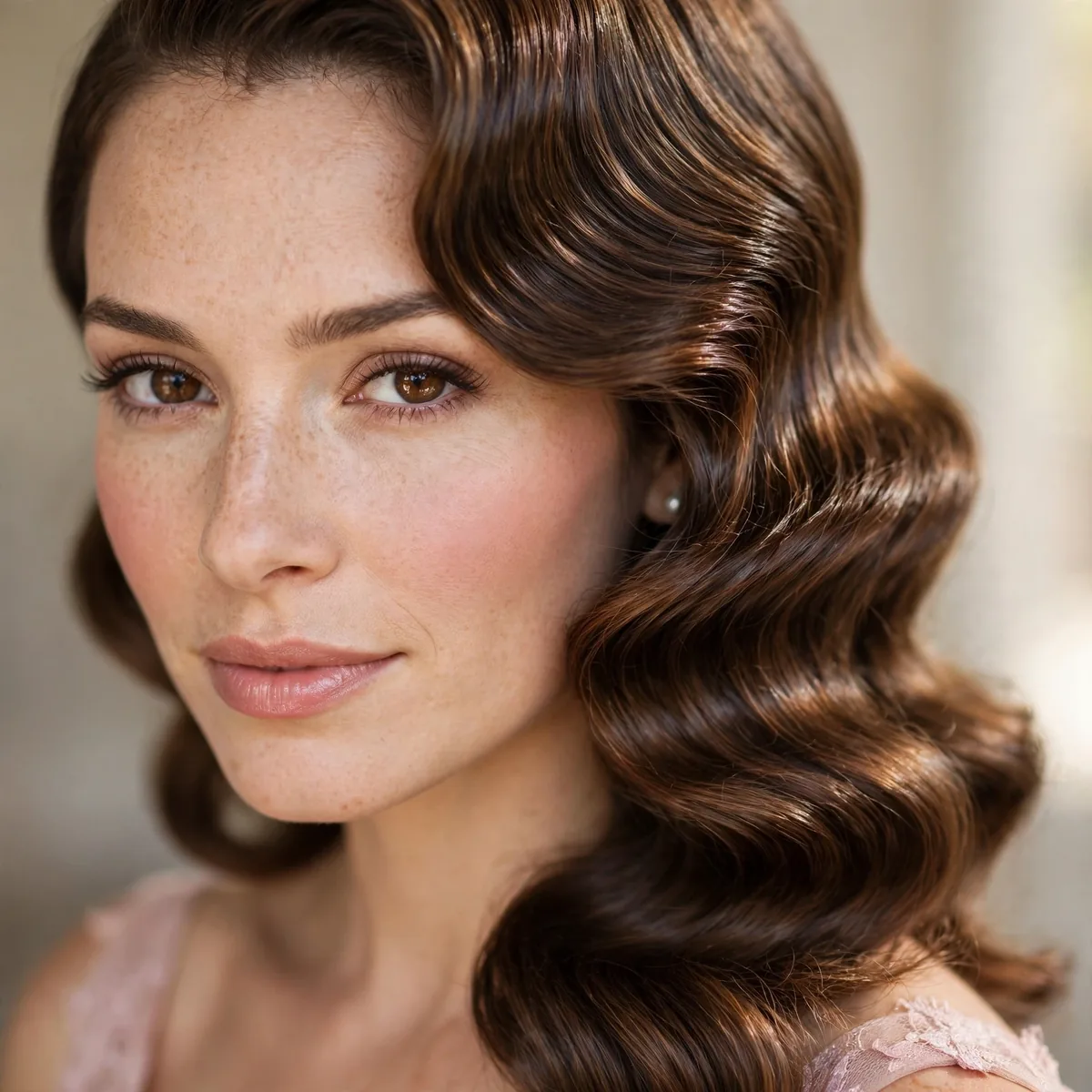 Polished Hollywood waves for a bridesmaid