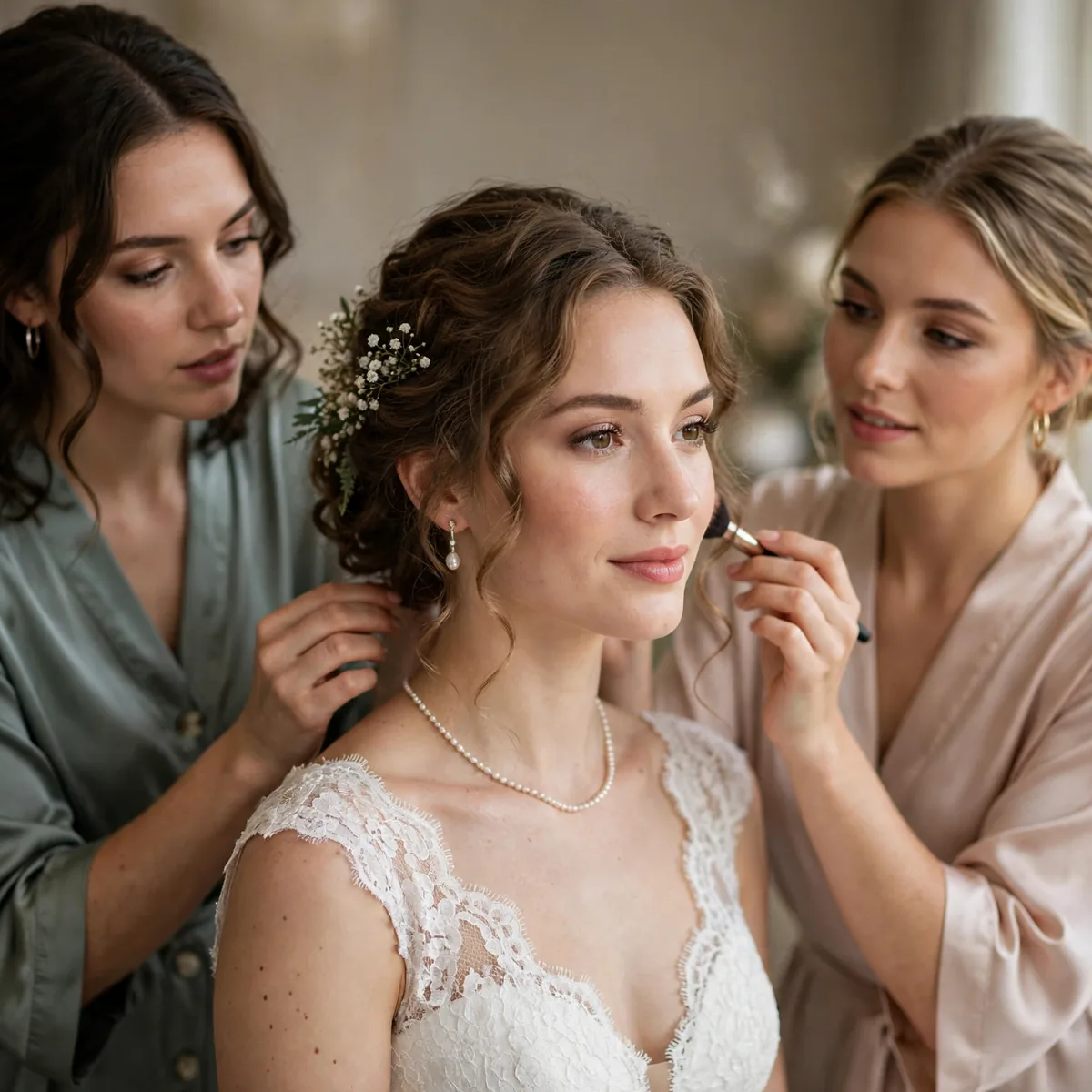 Bride and bridesmaids getting ready