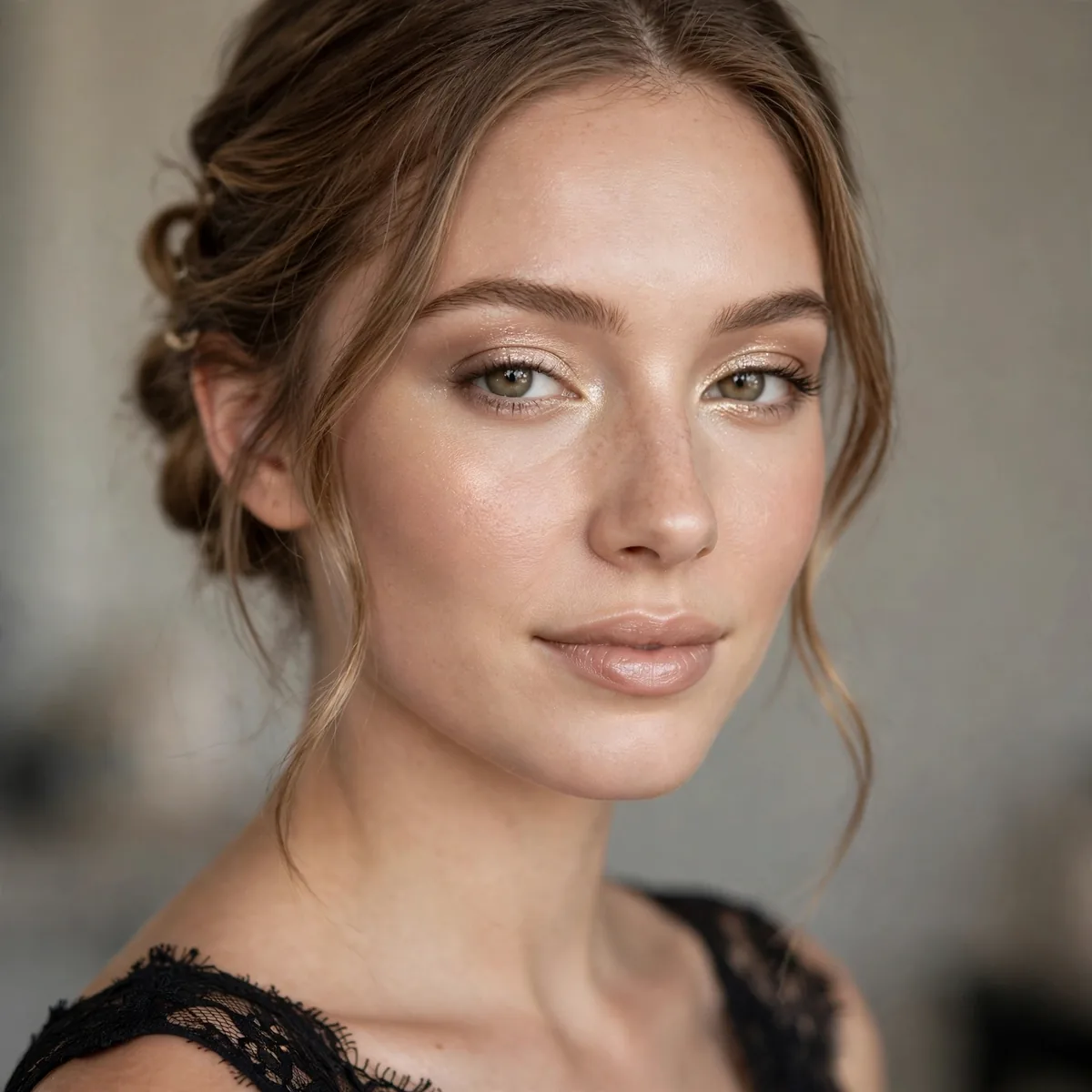 Bridesmaid with soft champagne glowing makeup beside black dress