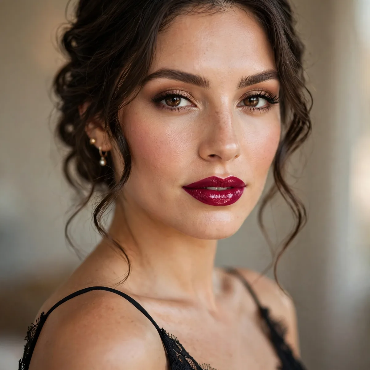 Bridesmaid wearing bold berry lipstick with black dress
