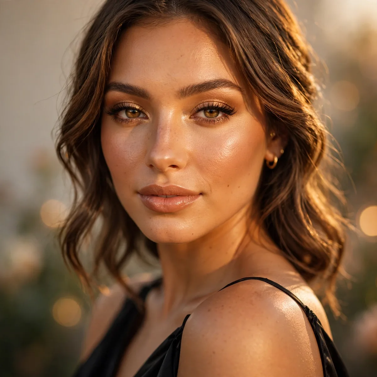 Bridesmaid with warm golden glowing skin next to black dress