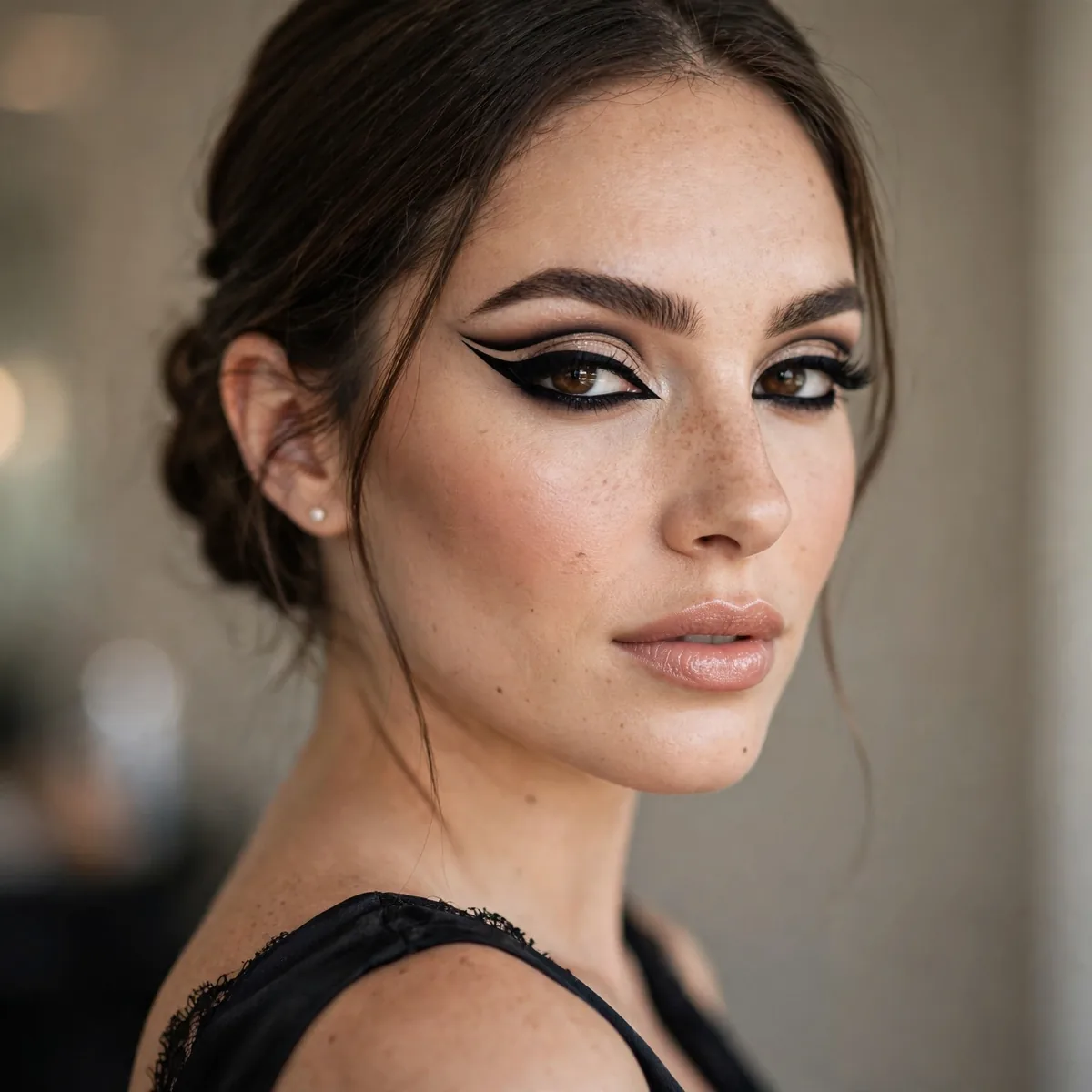 Bridesmaid with dramatic winged eyeliner and black dress