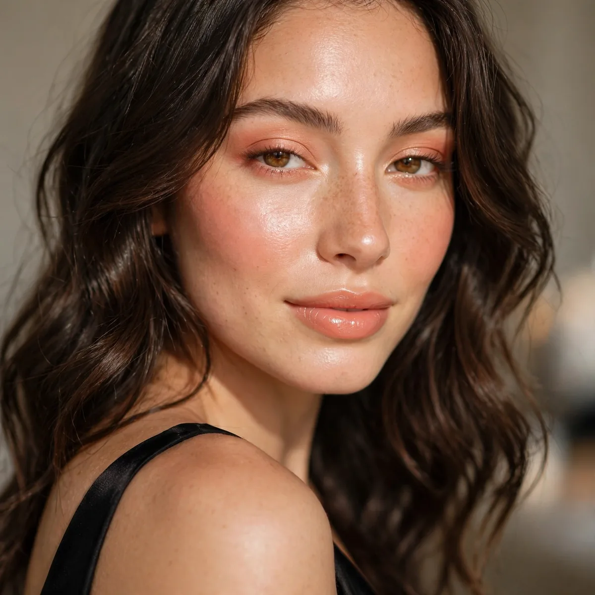Bridesmaid with dewy peach makeup glowing against black dress